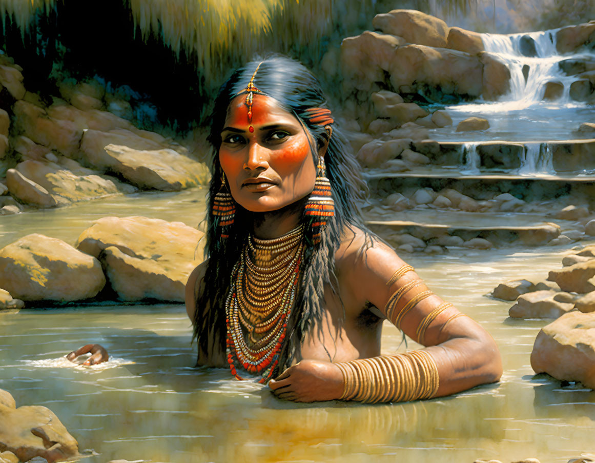 Illustrated woman with traditional ornaments in serene waterfall scene