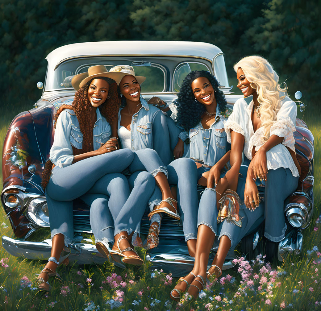 Four women in denim on classic car hood in greenery at dusk