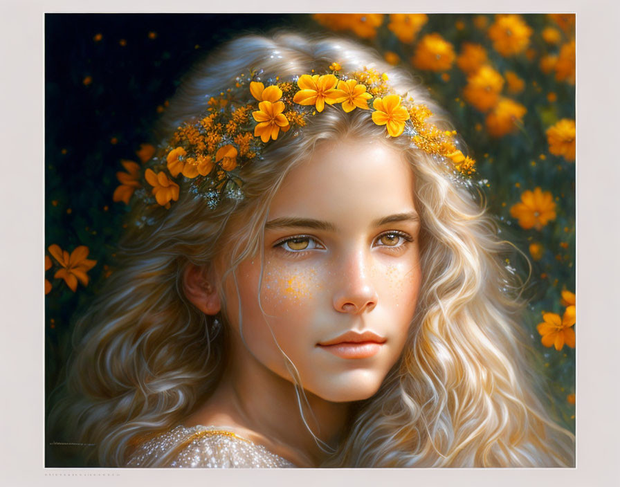 Young woman with blonde hair and floral crown in digital painting