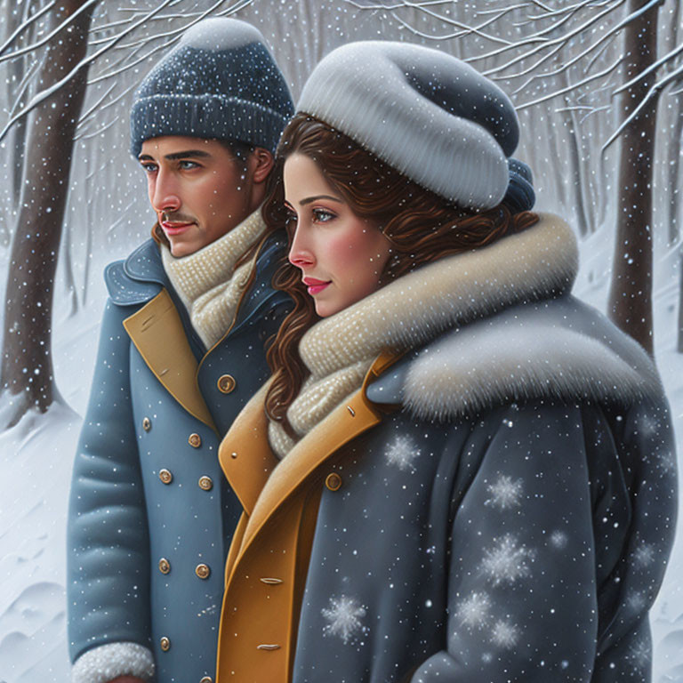 Man and woman in winter attire in snowy forest scene