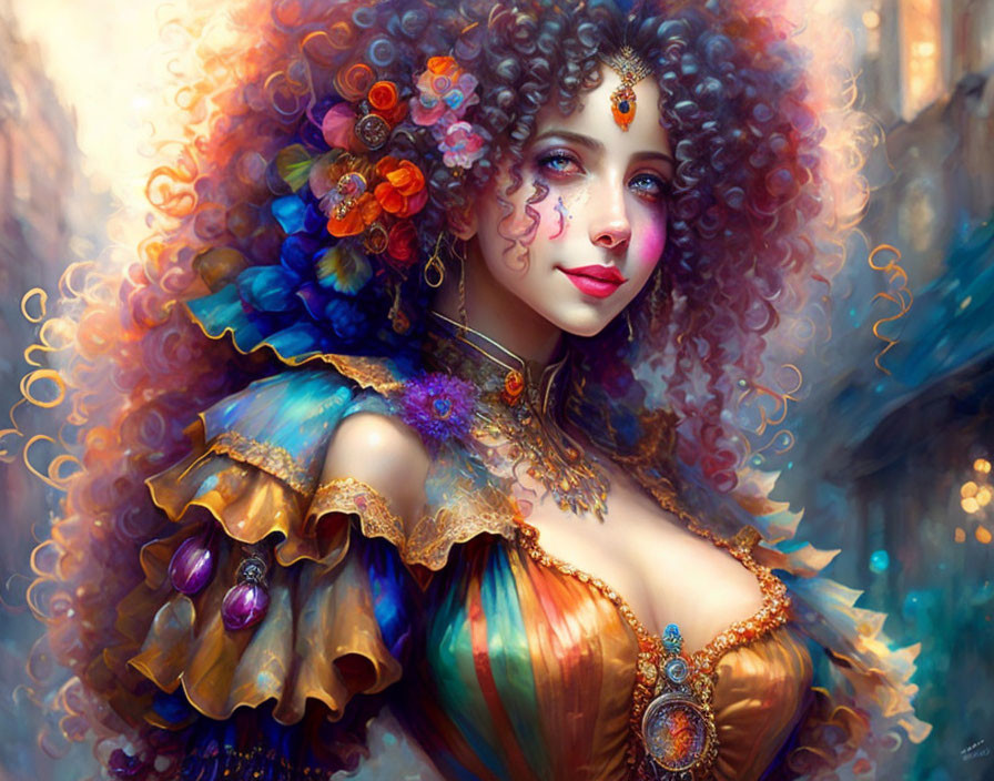 Colorful digital artwork: Lady with curly hair, floral hair accessories, ornate dress, and whims