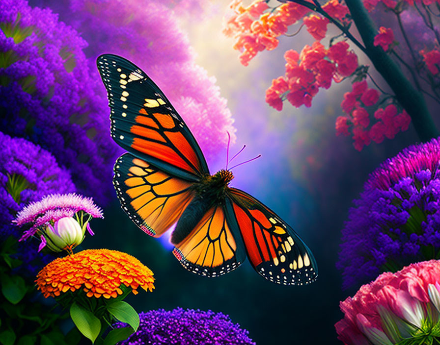 Colorful Monarch Butterfly Flying Among Pink, Purple, and Orange Flowers