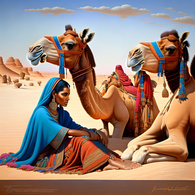 Woman in traditional attire with camels in desert setting