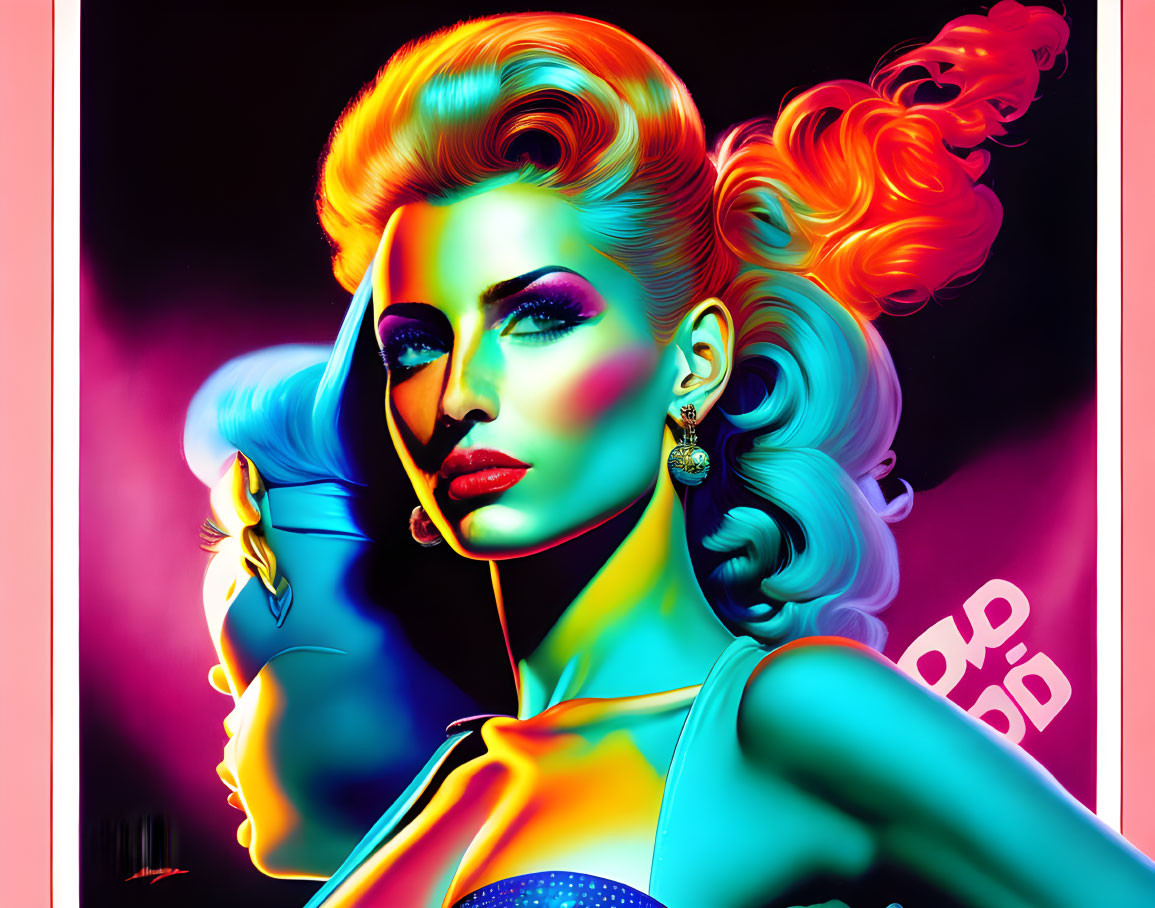 Colorful digital artwork: Woman with neon hair and makeup in futuristic pop-art style