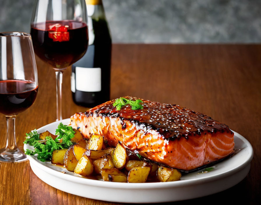 Grilled salmon fillet with herbs on roasted potatoes, red wine glasses and bottle.