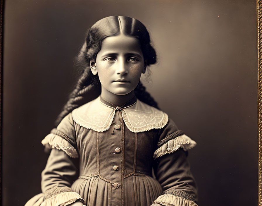 Young Girl Vintage Portrait with Long Braided Hair & Puffed Sleeves