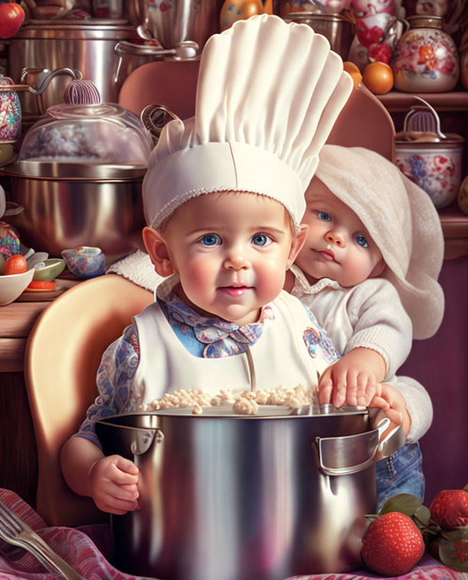 Two cute babies in chef attire in kitchen setting, one with tall chef's hat.