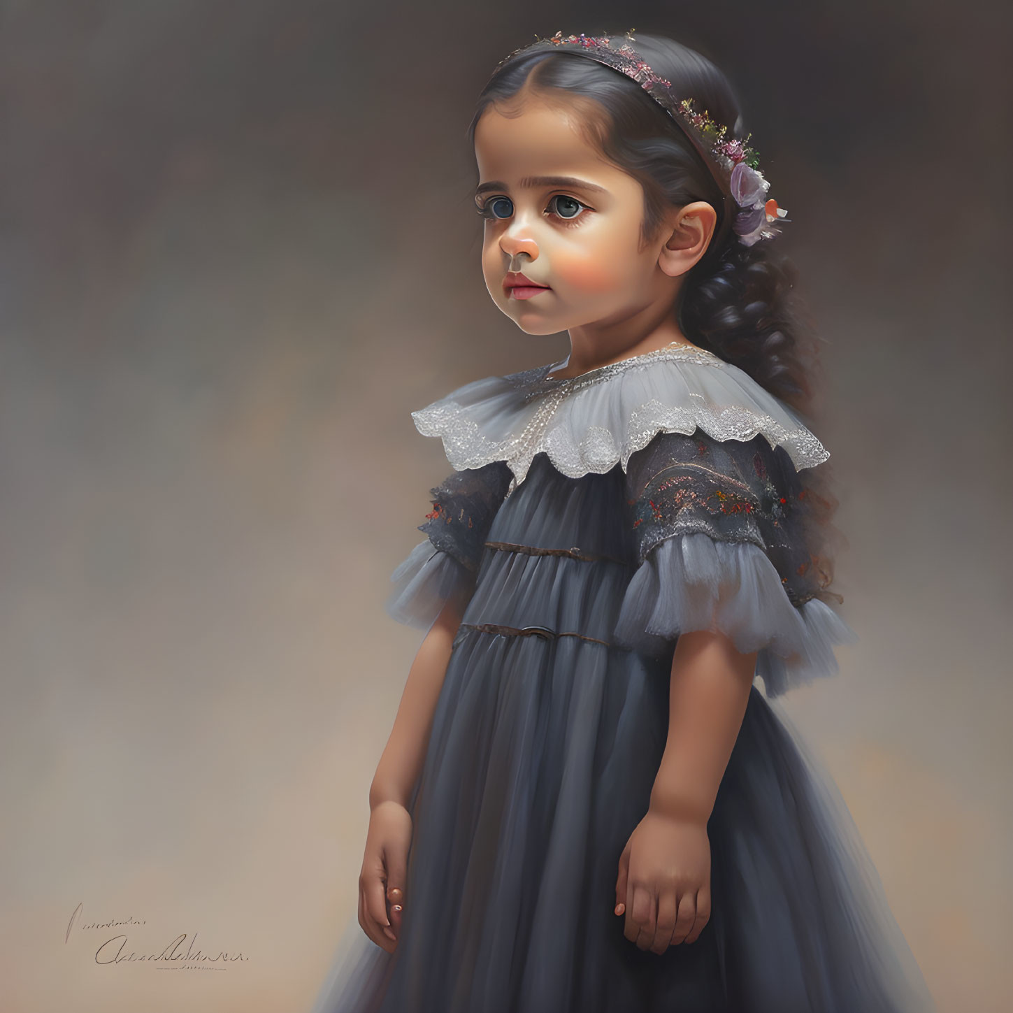 Young girl in navy dress with floral headpiece, digital portrait.