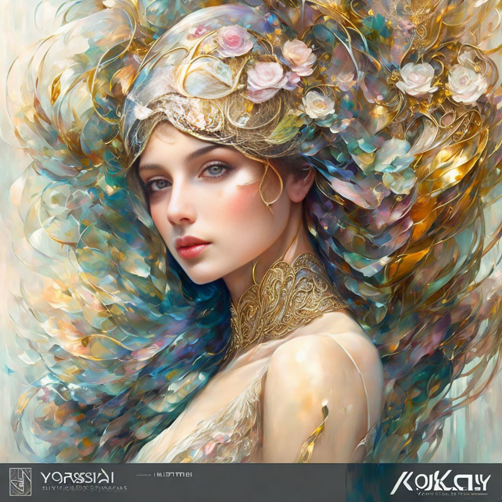 Digital artwork of a woman with flowing hair and floral adornments