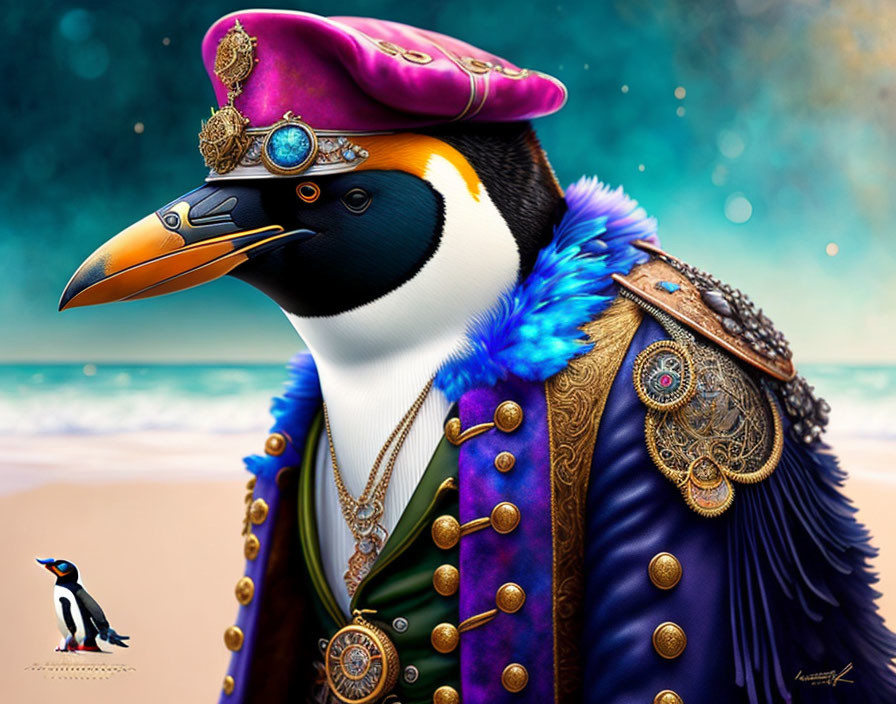 Regal penguin illustration in ornate attire on beach