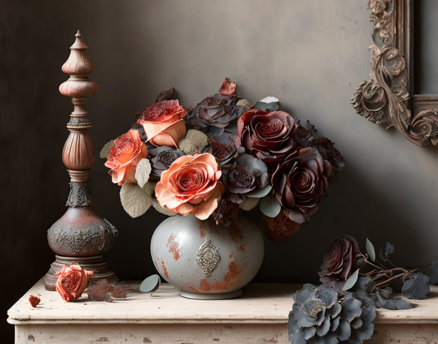 Vintage vase with orange and dark red roses, wooden spindle, and classic frame on muted backdrop