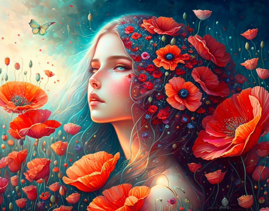 Young woman with blooming flowers and butterfly in magical setting