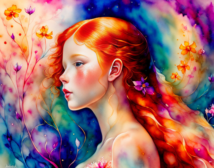 Vibrant watercolor illustration of woman with red hair and floral backdrop