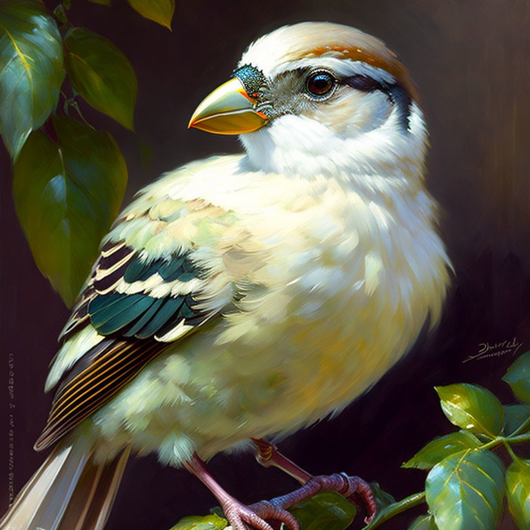 Detailed Painting of Vibrant Bird on Branch with Colorful Plumage