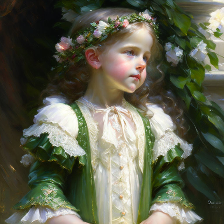 Young girl in floral crown gazes contemplatively in vintage green dress under soft light