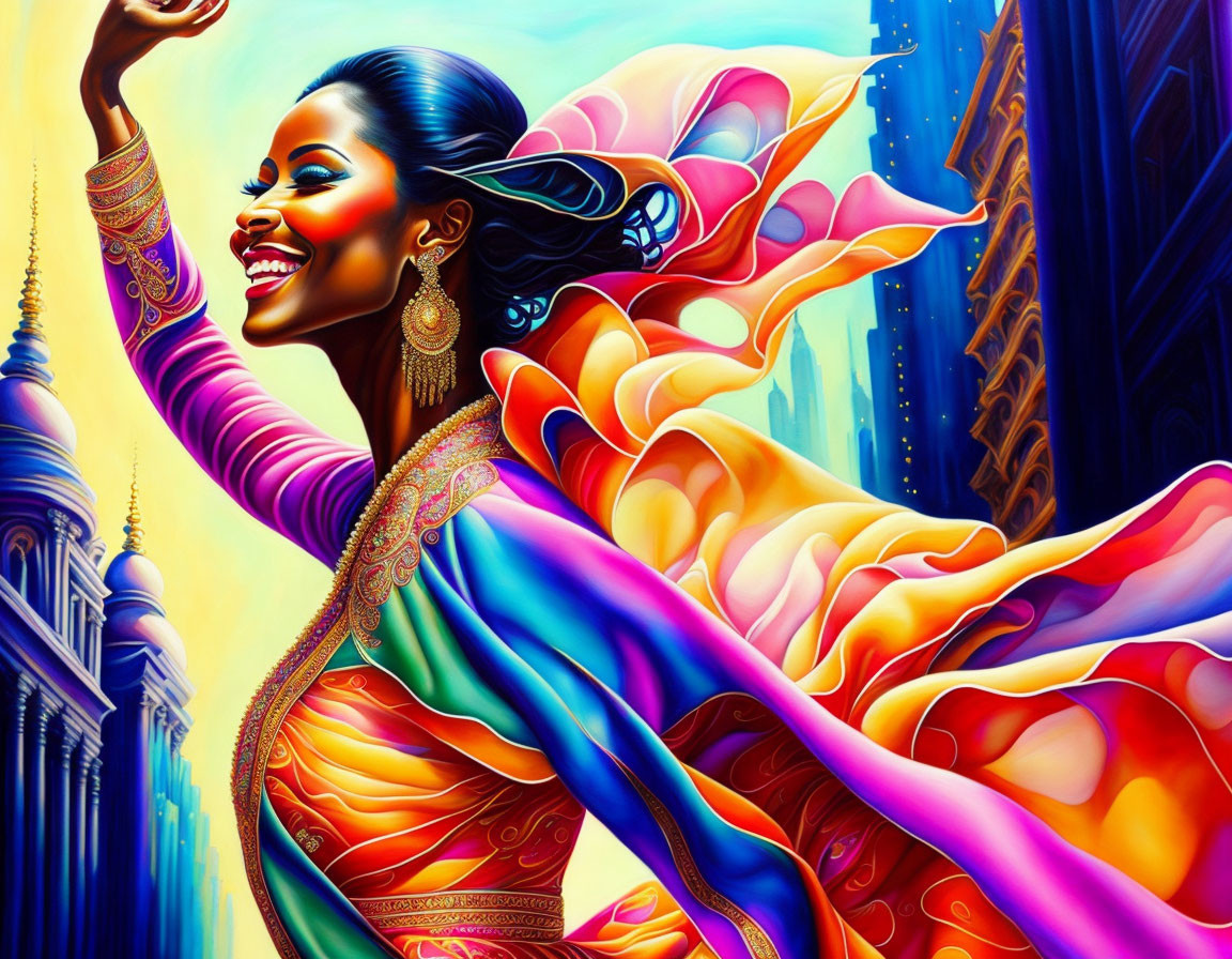 Colorful Illustration: Joyous Woman Dancing in Intricate Dress Amid Fantastical Cityscape