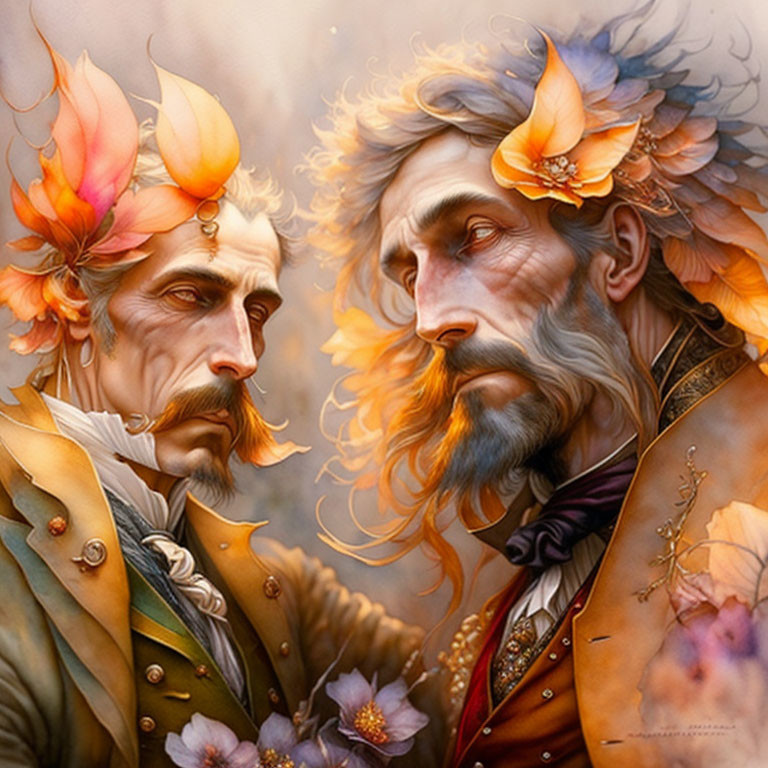 Regal portraits of bearded men with floral and autumnal motifs