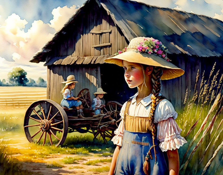 Young girl in flower-adorned straw hat in rural setting with barn and wagon.