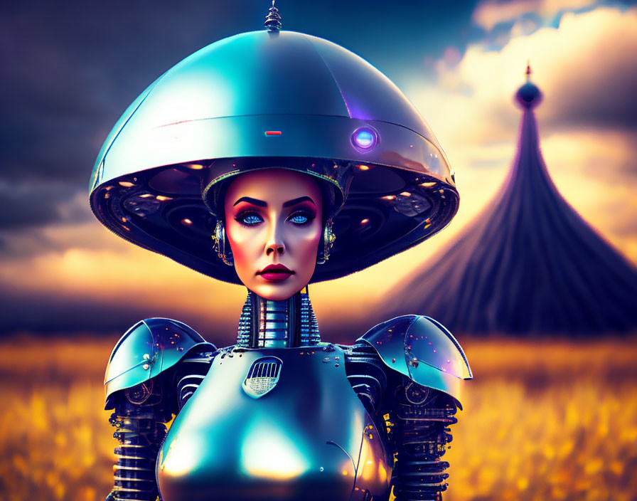 Futuristic humanoid robot in metallic armor on golden field.