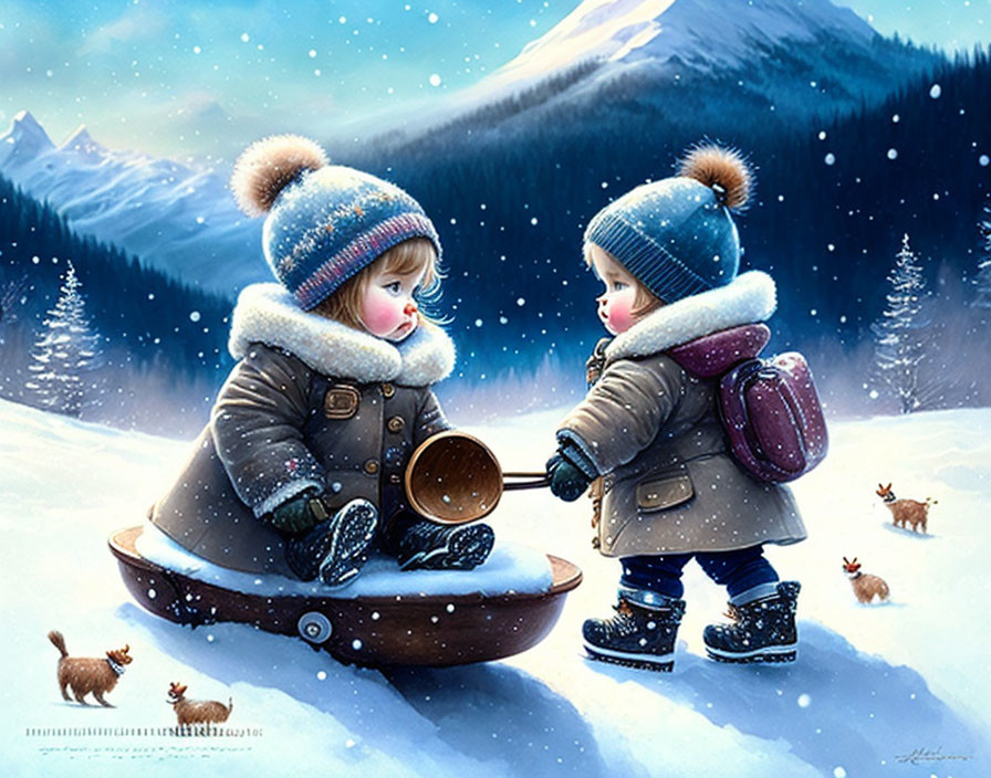 Children in winter clothing sharing warm drink on sled in snowy landscape