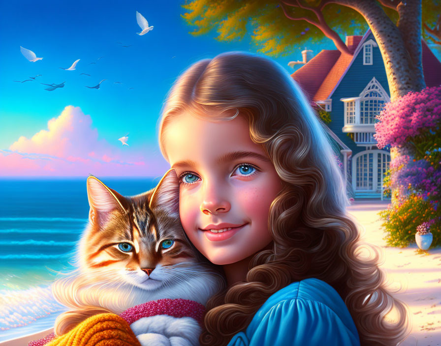 Digital illustration: Young girl with cat at coastal home in serene sunset