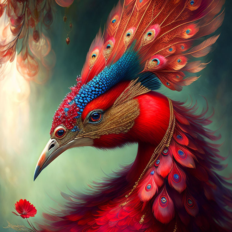 Colorful fantastical bird with red and blue head on misty green backdrop