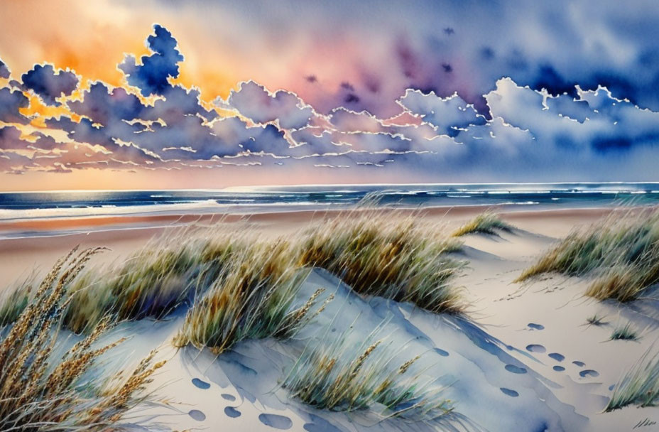 Serene beach watercolor painting with sand dunes and colorful sky