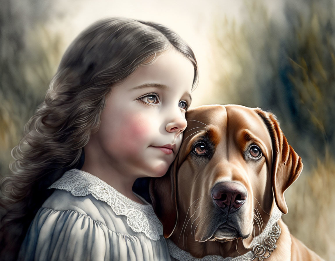 Young girl with curly hair embracing a brown dog in a field