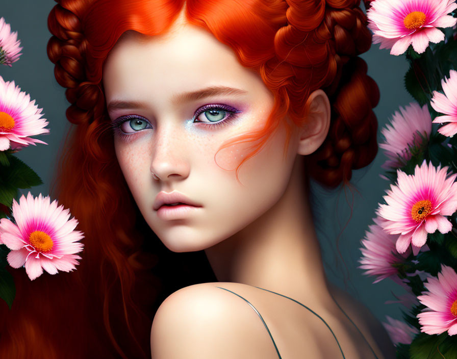 Vibrant red-haired woman with lavender eye makeup among pink flowers