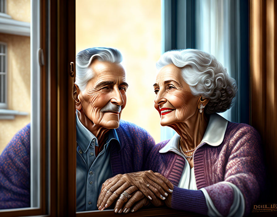 Elderly couple gazes lovingly through window, hands clasped