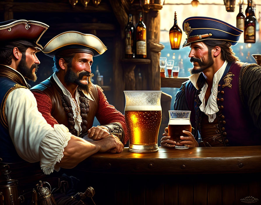 Animated pirates chatting at bar with beer mugs