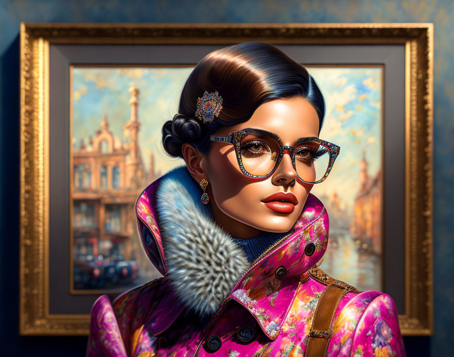 Stylish woman in high-collared coat with glasses and earrings in front of cityscape painting