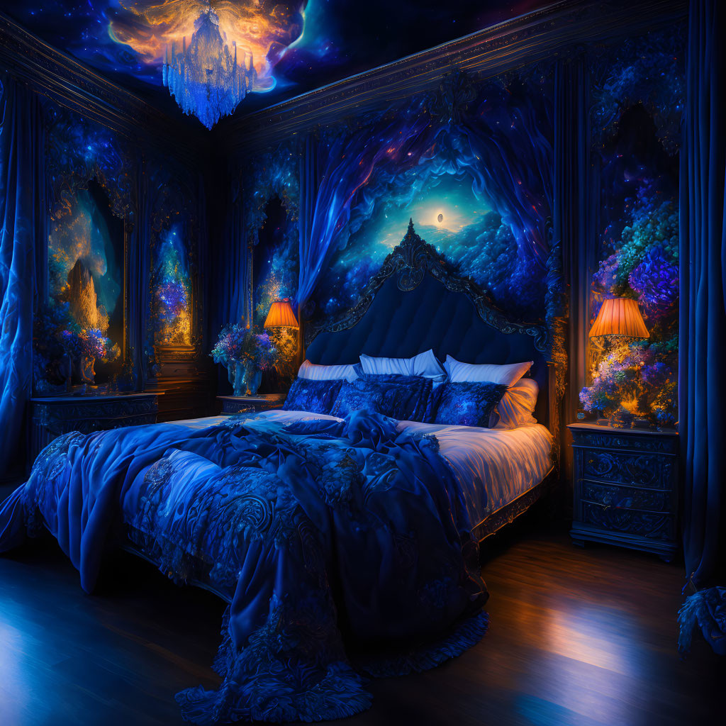 Celestial-themed bedroom with glowing trees and starlit ceiling