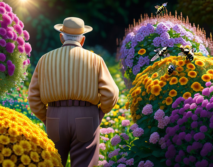 Elderly man in hat admires vibrant garden with lush floral arrangements