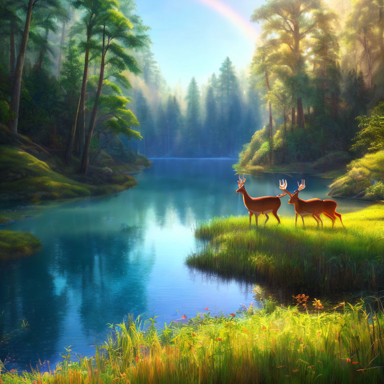 Tranquil forest lake scene with deer and sunlight filtering through trees