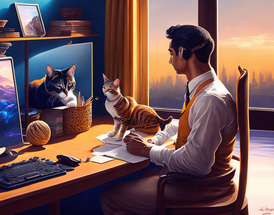 Man in headset writing notes with two cats beside him in a cityscape at dusk