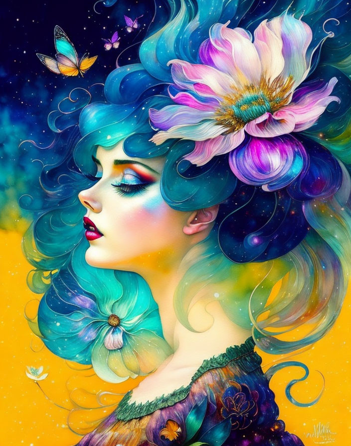 Vibrant illustration: Woman with teal hair and flowers on starry yellow backdrop