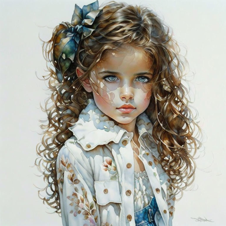 Portrait of Young Girl with Curly Hair and Blue Eyes in Floral Jacket