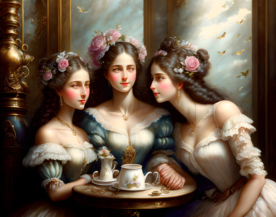 Vintage Attired Women with Floral Hair Accessories at Tea Table Against Clouds and Butterflies