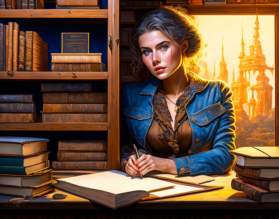 Woman in blue attire writing with gray eyes in library setting with cityscape view.