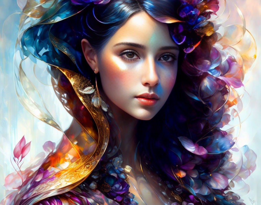 Colorful, iridescent feather headdress on woman in digital art