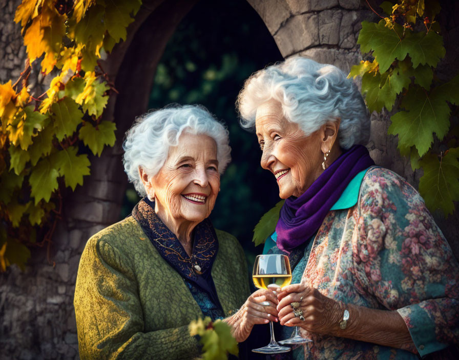 Elderly women smiling, toasting wine outdoors near stone archway