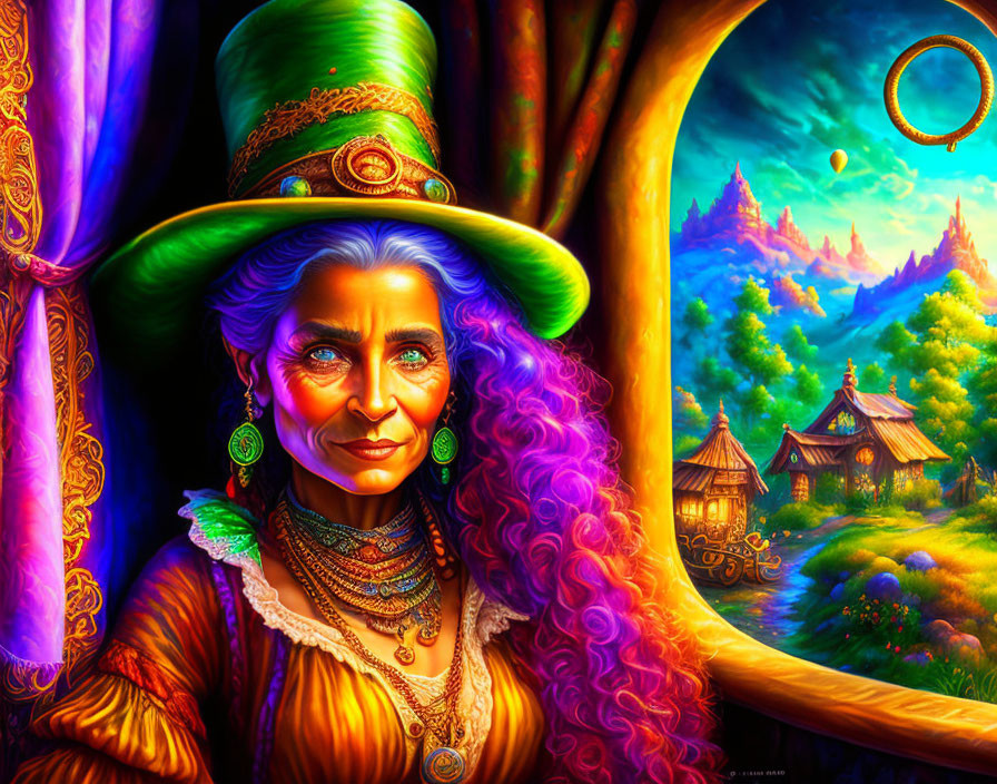 Colorful illustration: Elderly woman with purple hair and green hat, fantasy cottages in pastoral scene