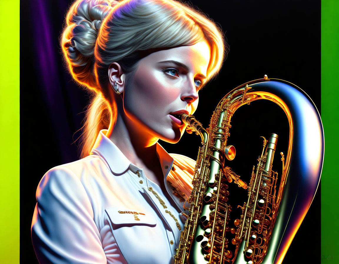 Vibrant digital artwork of woman with saxophone under neon lights