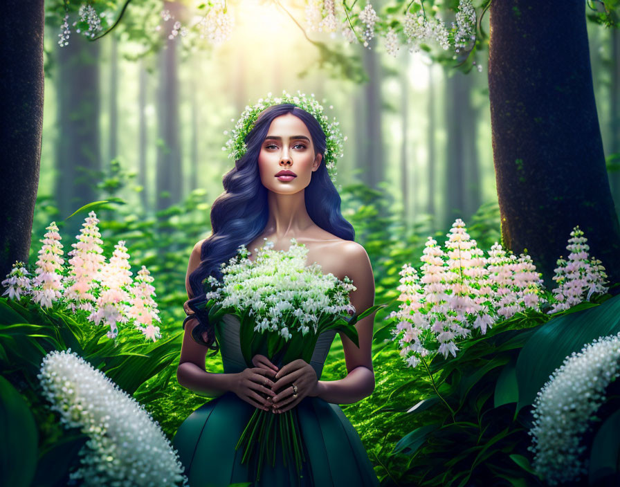 Woman with flower crown and blue hair in mystical forest with white flowers bouquet