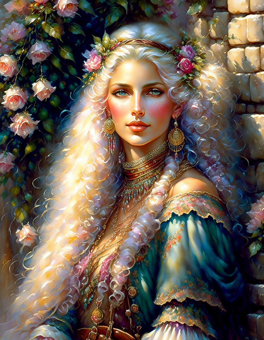 Fantasy portrait of woman with long blond hair, blue eyes, green dress, and floral adornments