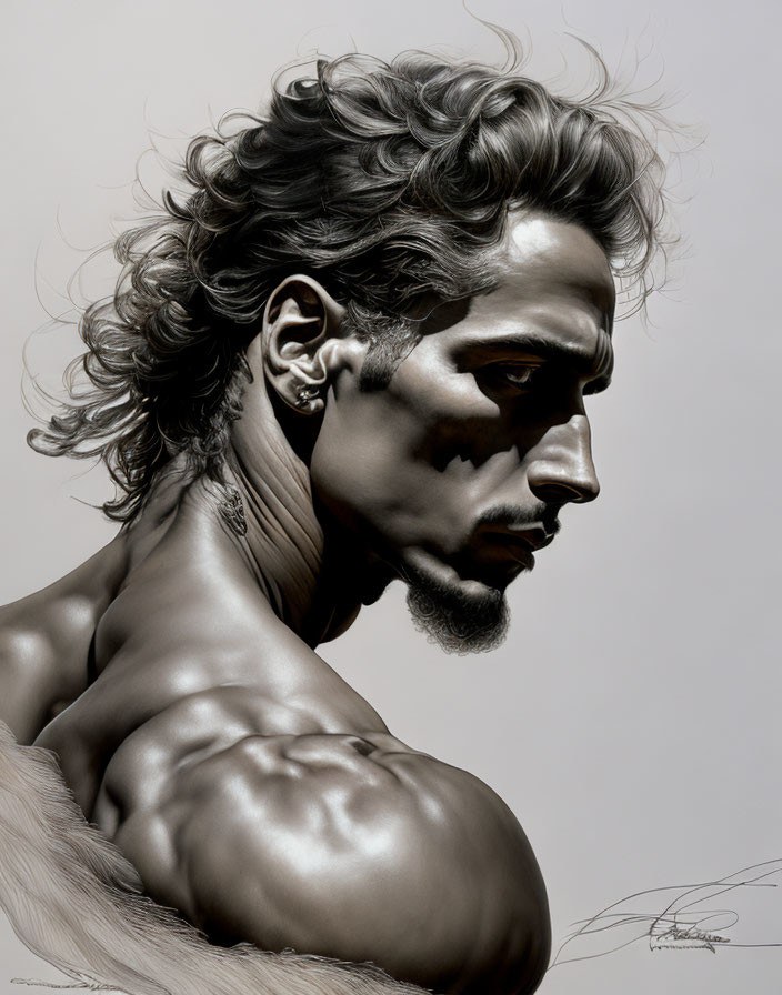 Detailed Hyperrealistic Profile Drawing of a Man with Curly Hair and Muscles