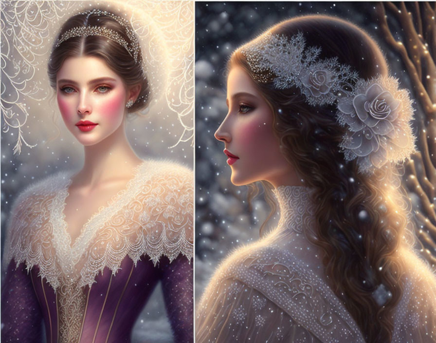 Detailed Winter Women Illustrations with Intricate Hairstyles & Elegant Dresses