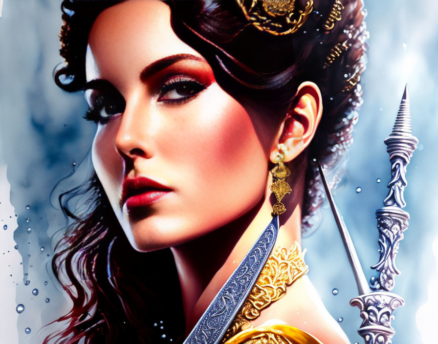 Illustrated woman in detailed fantasy attire with ornate gold jewelry and sharp weapon over misty background