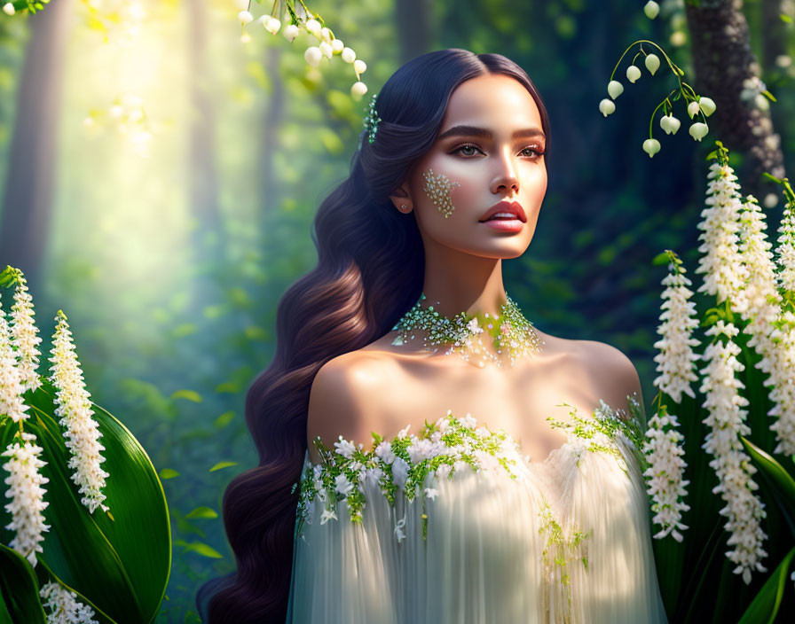 Woman with Long Wavy Hair and White Flowers in Lush Greenery